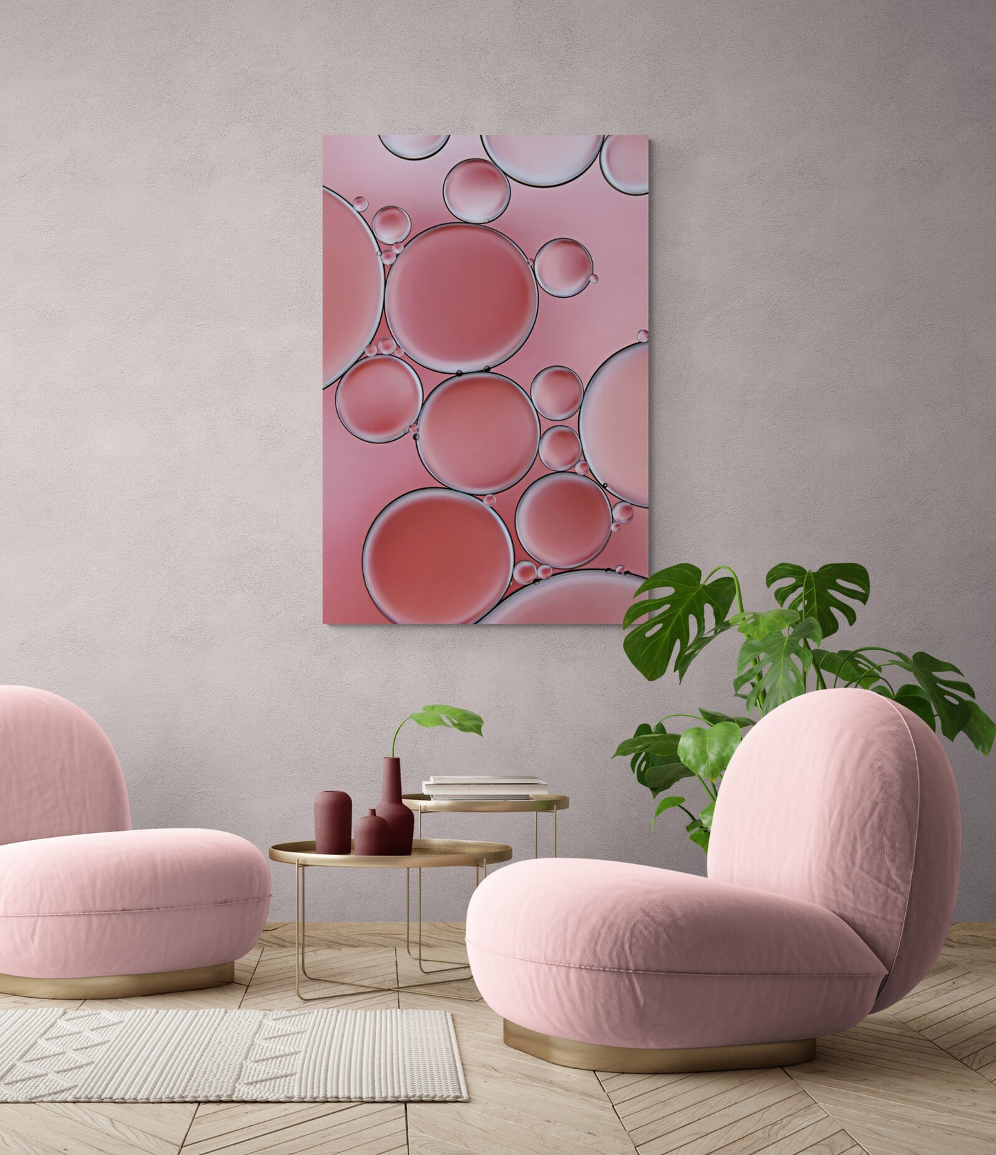 'Cozy Coral 2' is a contemporary acrylic wall art piece. It features an abstract, modern design with captivating coral colors and intricate textures created using oil and water. A visually engaging addition to any space. "Cozy Coral 2" is shown in a living room.