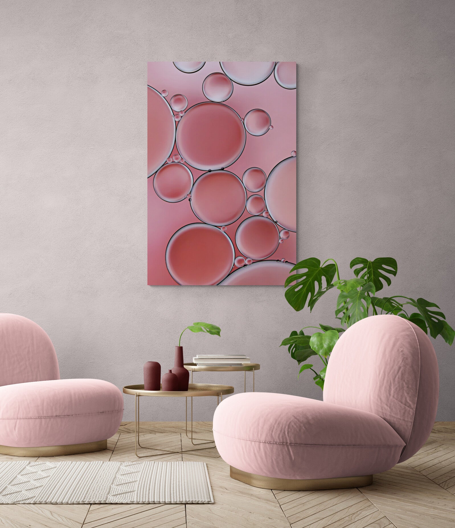 'Cozy Coral 2' is a contemporary acrylic wall art piece. It features an abstract, modern design with captivating coral colors and intricate textures created using oil and water. A visually engaging addition to any space. "Cozy Coral 2" is shown in a living room.