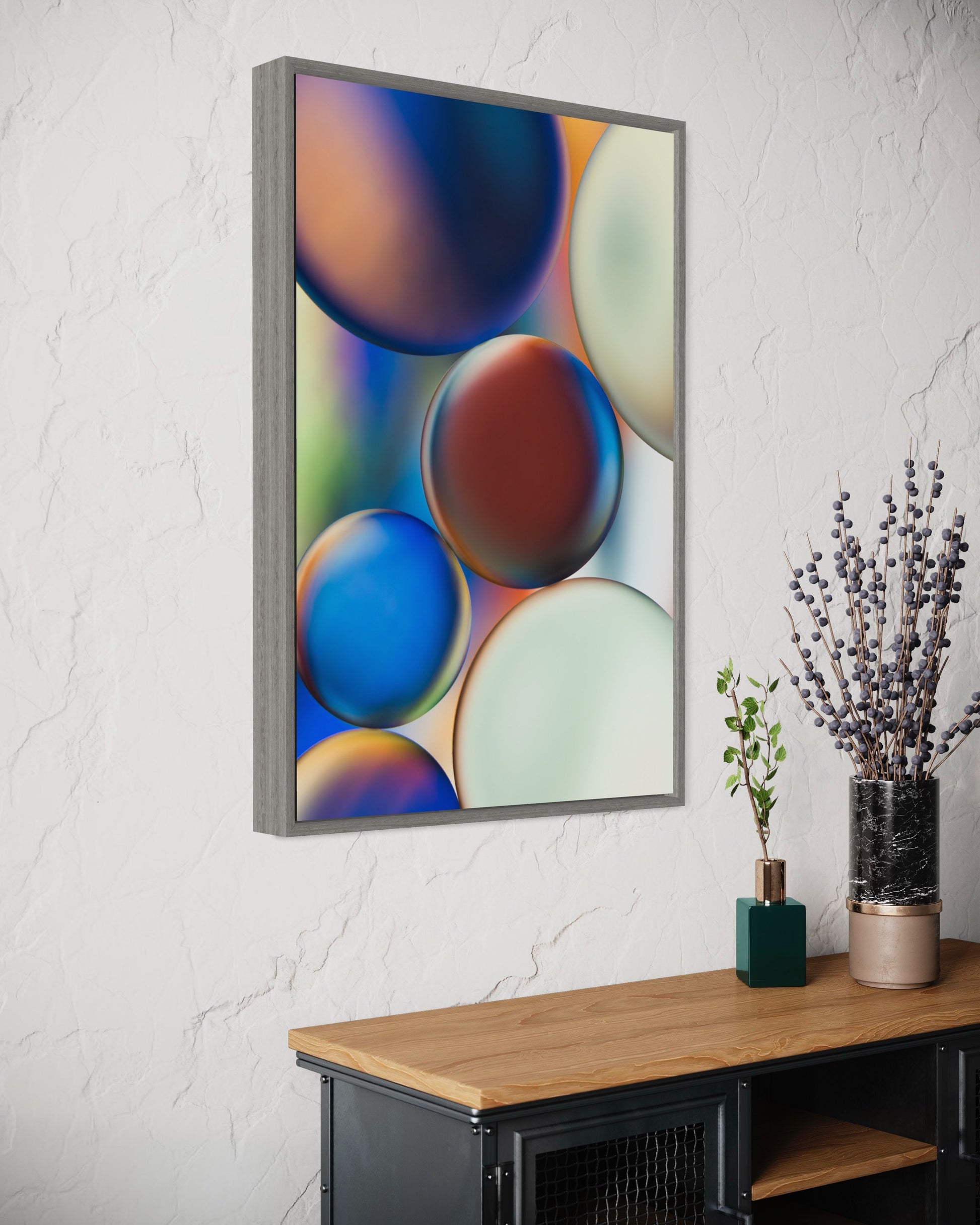 "Mosaic Memories 3" is a stunning macro photograph blending oil and water into an abstract pattern. The primary colors are blue, white, brown, orange and green. This contemporary fine art piece is perfect as vibrant wall art, printed on metallic paper and mounted to acrylic for depth and brilliance. A unique, modern addition to any home, office, or gallery.