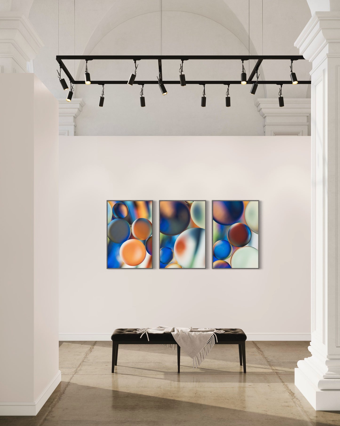 "Mosaic Memories 3" is a stunning macro photograph blending oil and water into an abstract pattern. The primary colors are blue, white, brown, orange and green. This contemporary fine art piece is perfect as vibrant wall art, printed on metallic paper and mounted to acrylic for depth and brilliance. A unique, modern addition to any home, office, or gallery.