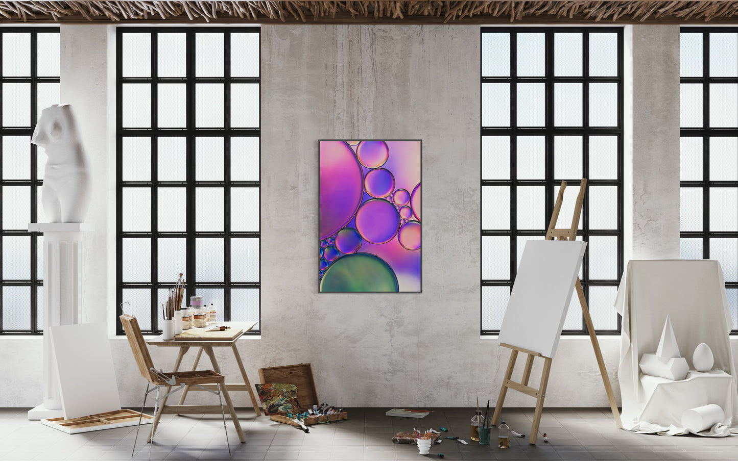 "Twilight 2" is a macro photograph presenting an abstract design created by the interaction of oil and water. The image predominantly features shades of purple, pink, blue, and green, blending into each other to create a dreamlike, fluid scene. The photograph has a peaceful, almost otherworldly quality, and the contrasting textures of oil and water add depth and interest to the composition.