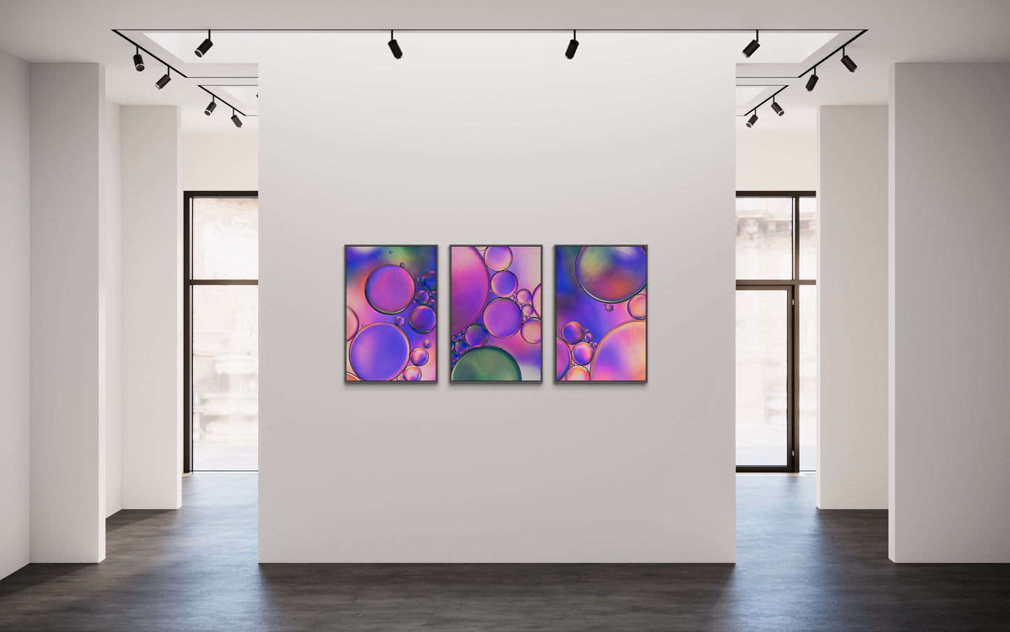 "Twilight 2" is a macro photograph presenting an abstract design created by the interaction of oil and water. The image predominantly features shades of purple, pink, blue, and green, blending into each other to create a dreamlike, fluid scene. The photograph has a peaceful, almost otherworldly quality, and the contrasting textures of oil and water add depth and interest to the composition.