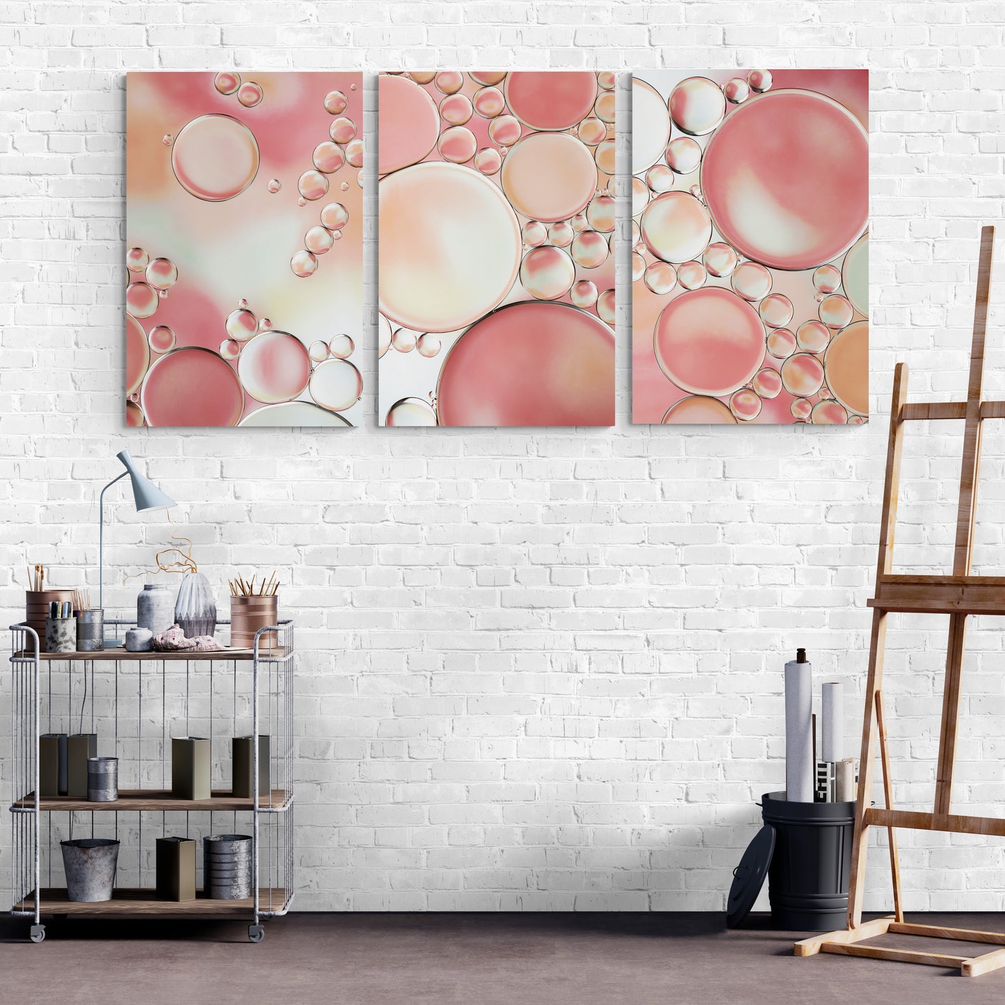 Explore "Blossoms 4," a vibrant contemporary abstract photograph in which circular shapes and shades of pink, yellow and green create a beautiful and unique composition. Perfect for your wall. Can be paired with any of the other images in the "Blossoms" collection to create a diptych or triptych. High-quality acrylic print. "Blossoms 4" is shown on a white brick wall with 2 other images from the "Blossoms" set creating a unique triptych.