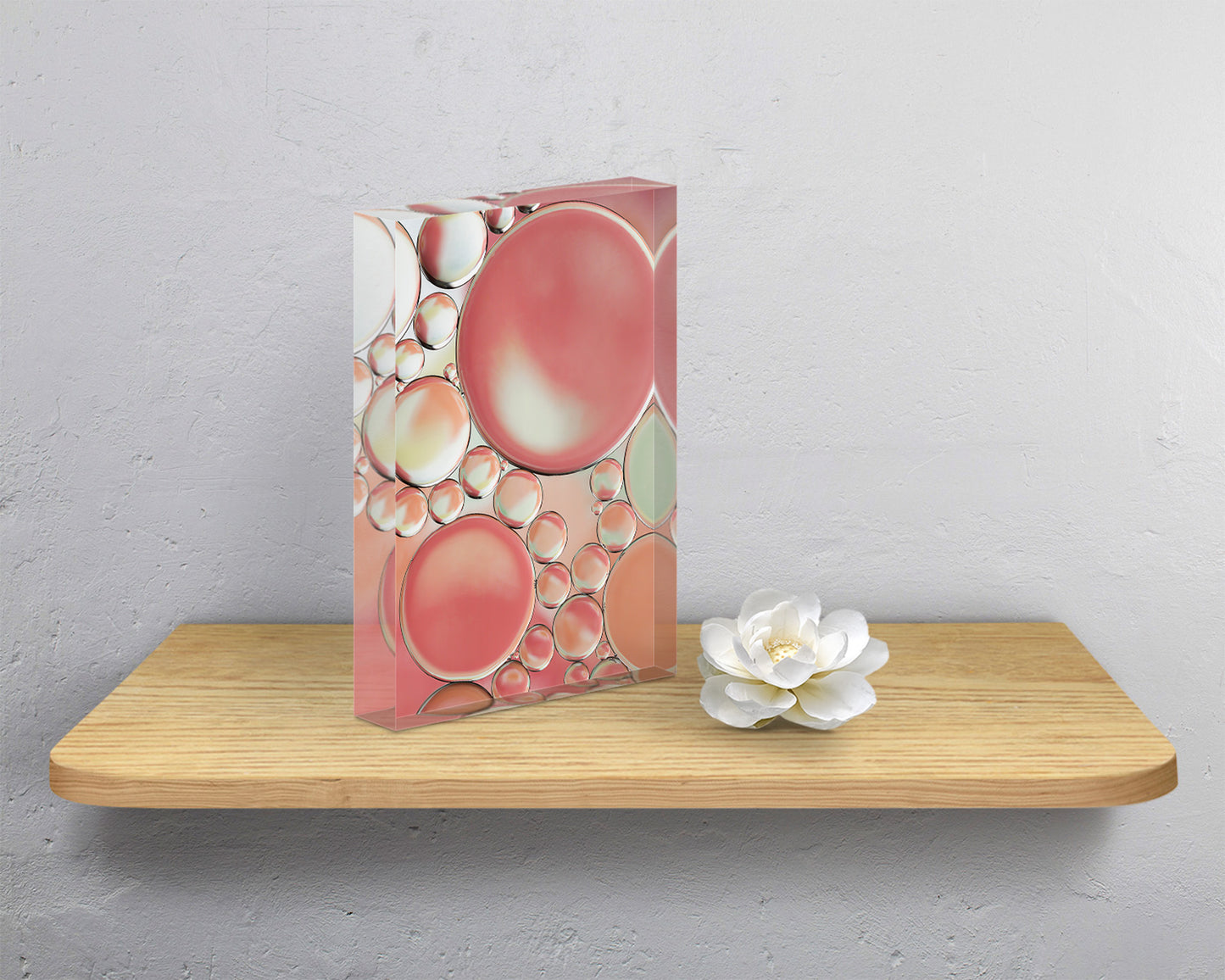 Blossoms 1 - acrylic block on wood shelf - colorful bubble art