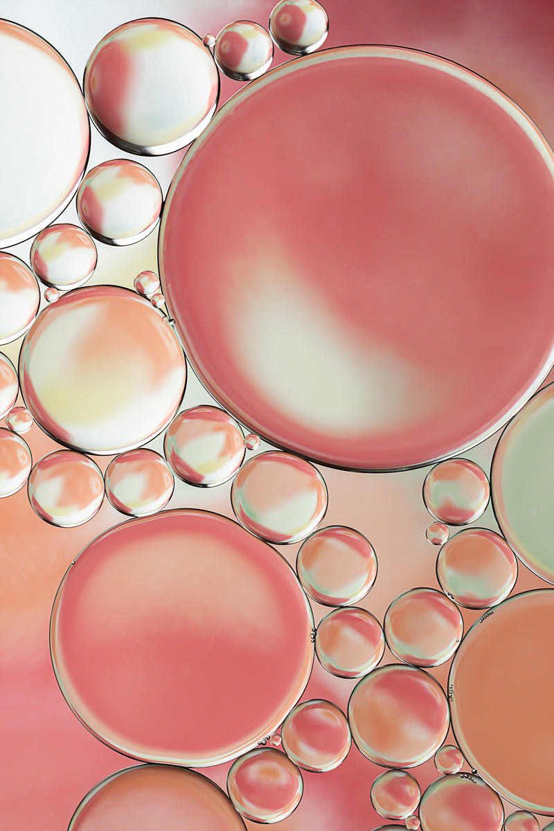 Blossoms 1 Fine Art Acrylic Photo Print is a macro photograph of oil and water with a colorful background creating an abstract image in which the predominant features are circular forms, playful compositions and the colors pink, peach, green, yellow and white.