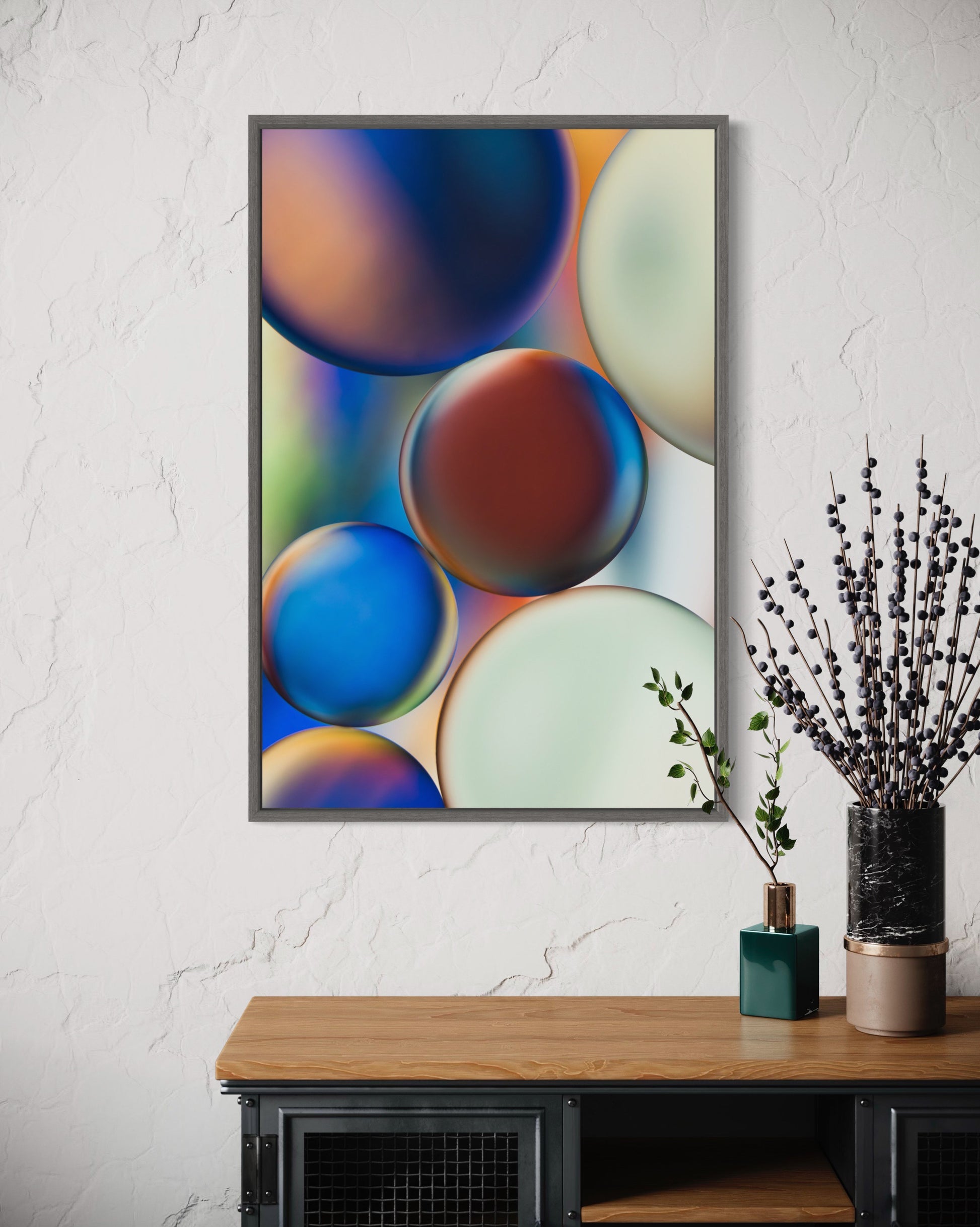 "Mosaic Memories 3" is a stunning macro photograph blending oil and water into an abstract pattern. The primary colors are blue, white, brown, orange and green. This contemporary fine art piece is perfect as vibrant wall art, printed on metallic paper and mounted to acrylic for depth and brilliance. A unique, modern addition to any home, office, or gallery.