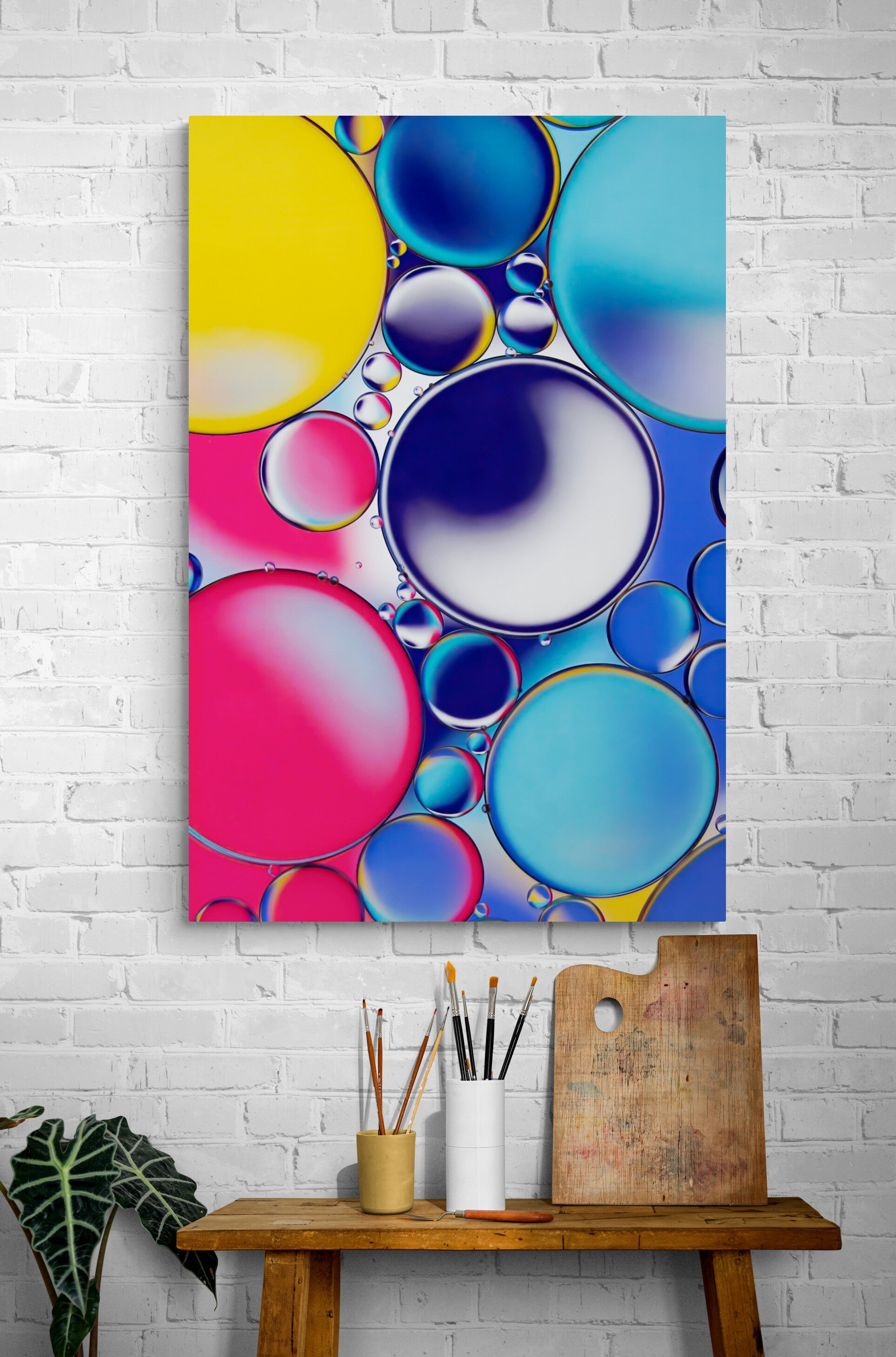 Abstract acrylic print titled 'School Daze.' Features a macro view of oil and water creating a colorful, psychedelic pattern. The image showcases a mix of vibrant colors and fluid shapes, symbolizing modern creativity. Ideal as unique, contemporary wall art for various spaces.